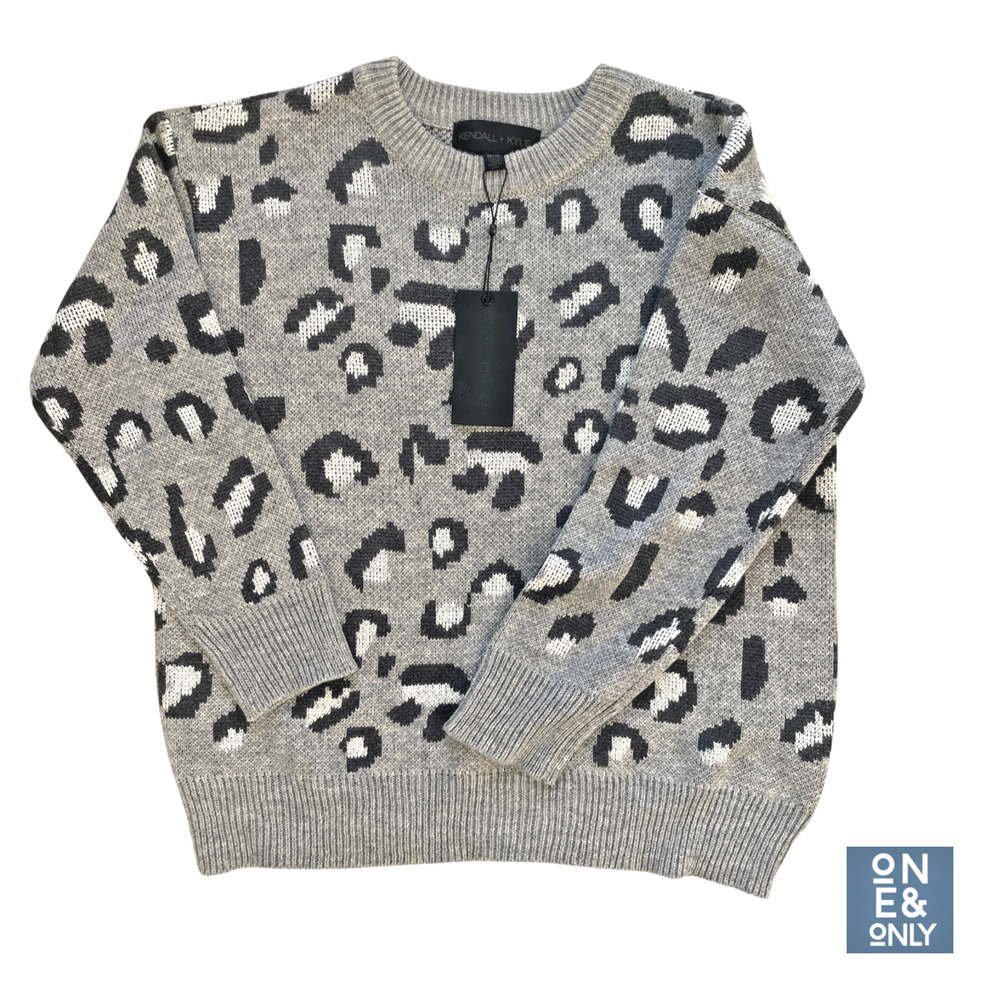 KENDALL + KYLIE Leopard Print Sweater Animal Light/Dark Gray Crew Women's M